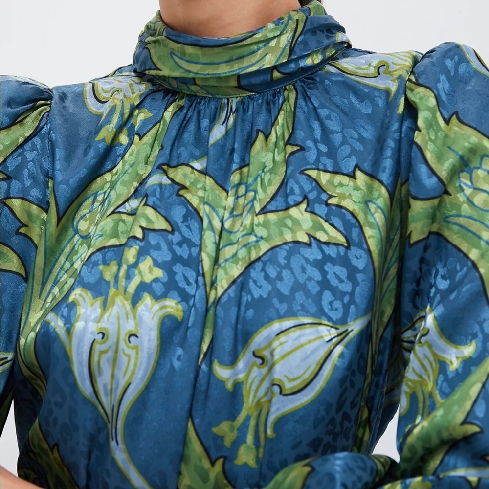 TUCKERNUCK Deco Floral Satin Faven Dress Green Deco Floral Midi Satin Sz S NEW - Picture 2 of 13